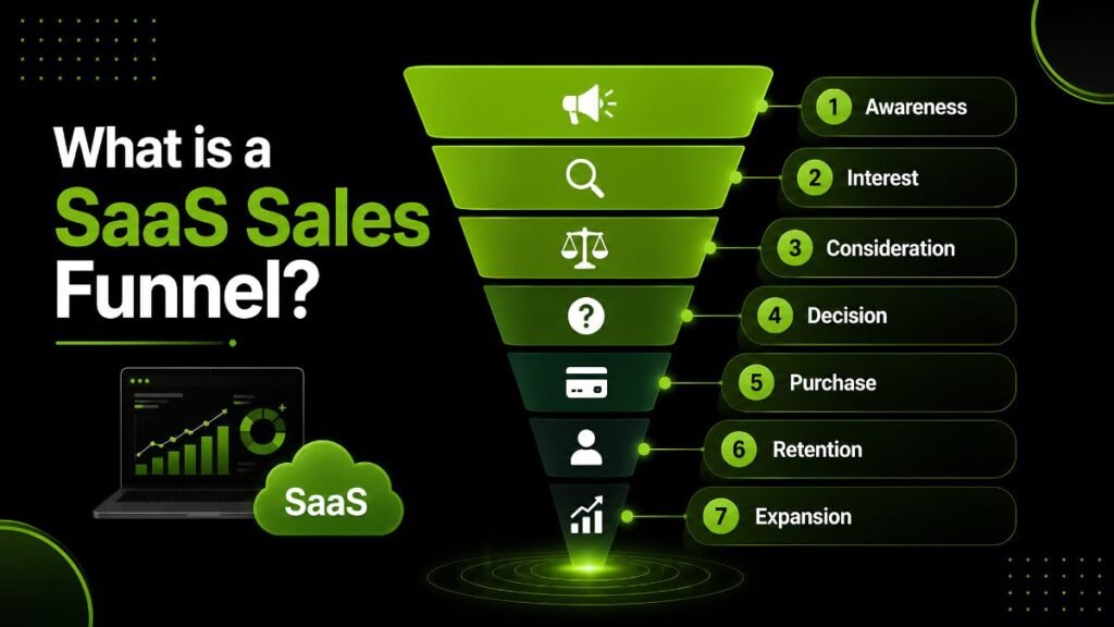 SaaS sales funnel showing seven stages from awareness to expansion.